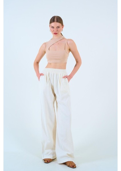 Beli Lastikli Palazo Pantolon - Taş