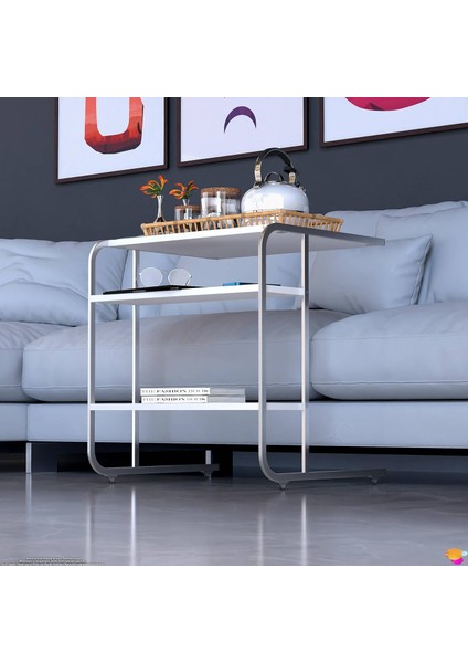 C Yan Sehpa Geniş Boy Tekerlekli Çalışma, Atıştırmalık, Yemek, Laptop Sehpası Beyaz fırsatları