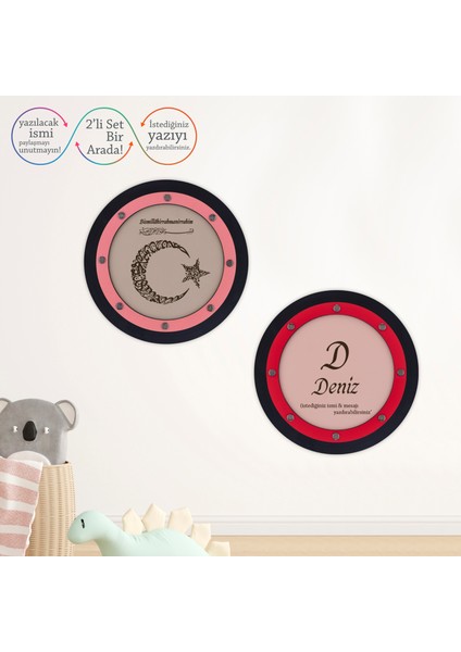 Kız Bebeğe Özel Renklerde, Besmele Yazılı ve Ayyıldızlı Kelime-I Tevhid Duvar Dekoru, Harika Armağan