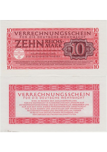 Almanya 10 Mark 1944 Nazi Silahlı Kuvvetler Için Gamalı Haçlı-Deutsche Wehrmacht. Çil(-)