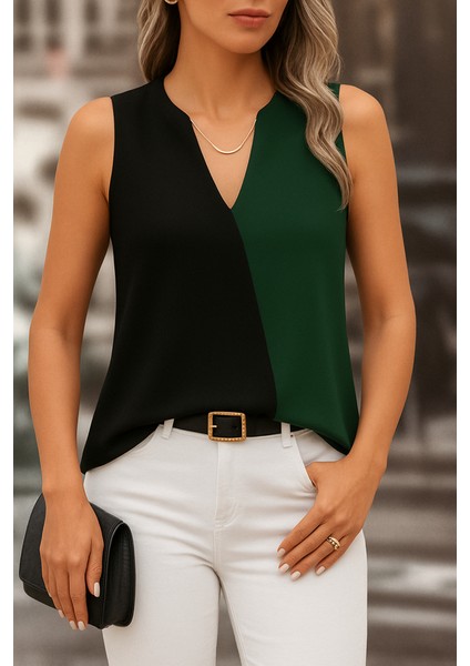 Kadın Kolsuz V Yakalı Blok Renkli Ithal Krep Bluz