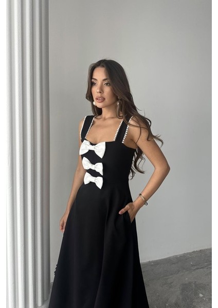 Siyah Fiyonk Garnili Dantelli Elbise fırsatları