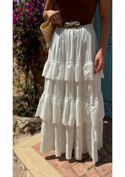 Katlı Pileli Etek - Ekru fırsatları