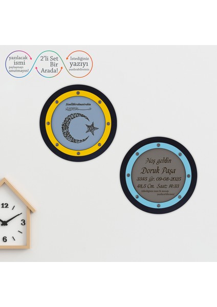 Erkek Bebek Ismine Özel, Besmele Yazılı, Ayyıldızlı Kelime-I Tevhid Motifli Hediyelik Duvar Dekoru