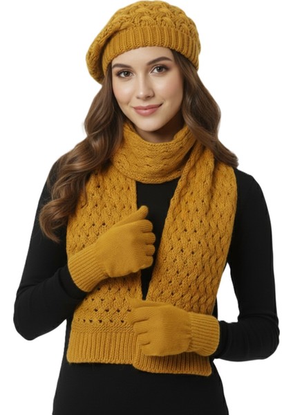 Kadın Kışlık Örgü Bere, Atkı ve Eldiven Takımı