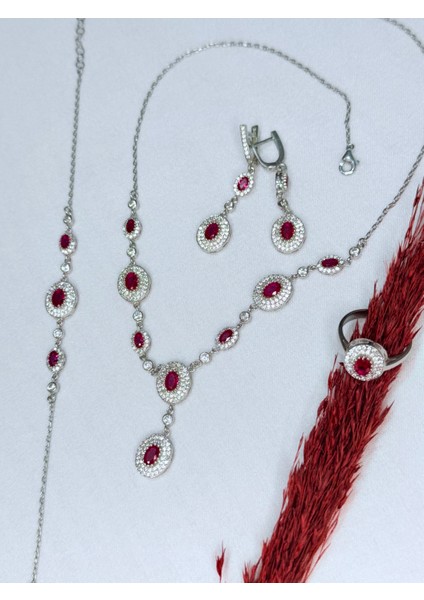 925 Ayar Bordo Zirkon Taşlı Gümüş Su Yolu Set
