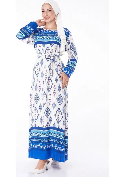 Düz Bisiklet Yaka Kadın Mavi Etnik Desenli Elbise modelleri