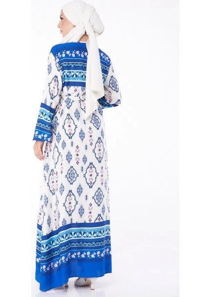 Düz Bisiklet Yaka Kadın Mavi Etnik Desenli Elbise fırsatları