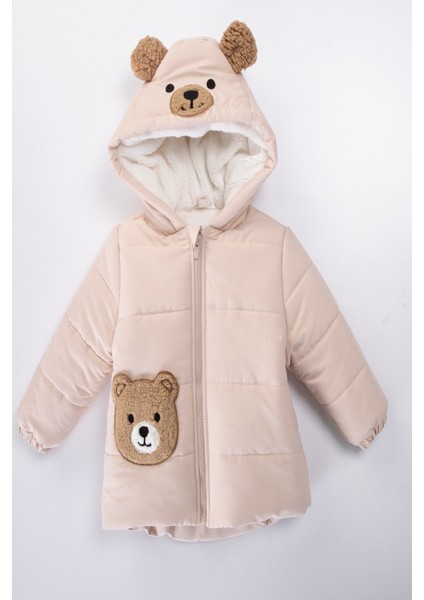 Trend Sevimli Ayıcık Içi Peluş Kürk Astarlı Fermuarlı Kapitone Kapüşonlu Kalın Kışlık Kaban-Mont