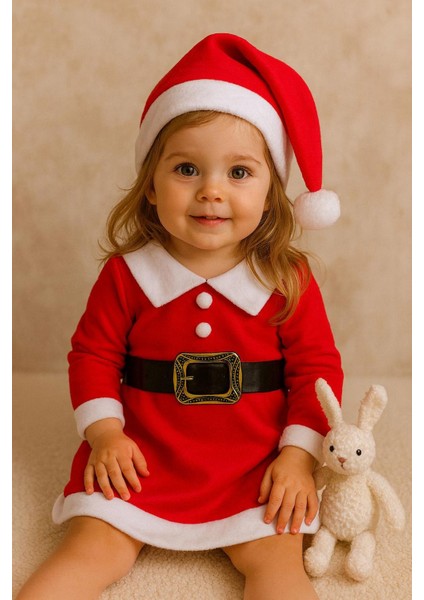 Kız Çocuk Yılbaşı Noel Temalı Elbise Şapka Takımı