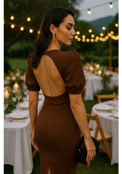 Kadın V Yaka Önü Düğmeli Sırt Pencere Dekolte Elbise fiyatları