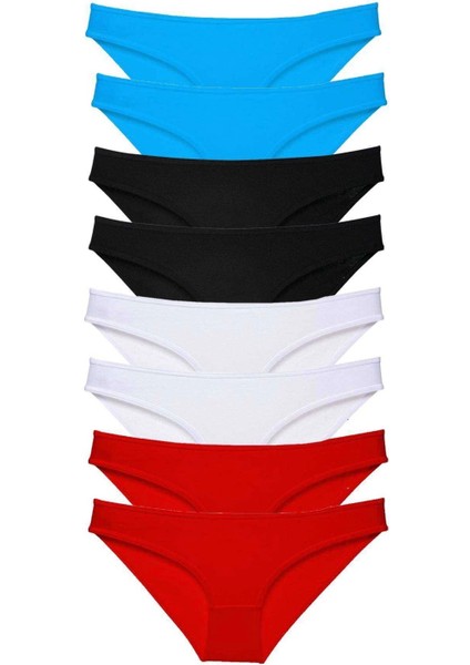 8 Adet Süper Eko Set Likralı Kadın Slip Külot Siyah Kırmızı Beyaz Mavi
