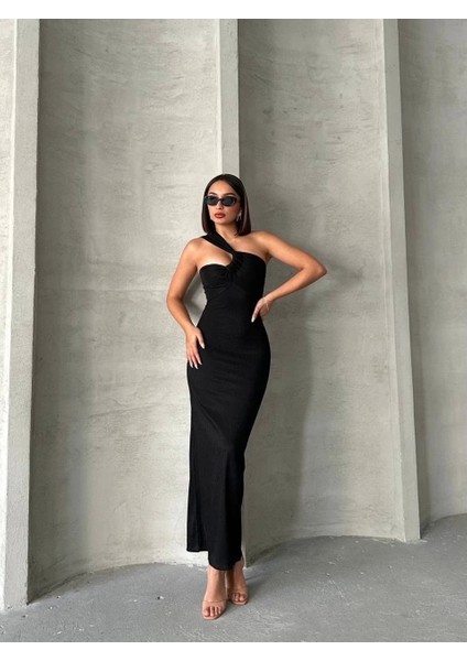 Krinkıl Tek Omuz Uzun Elbise Siyah S25455