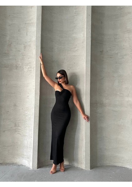 Krinkıl Tek Omuz Uzun Elbise Siyah S25455