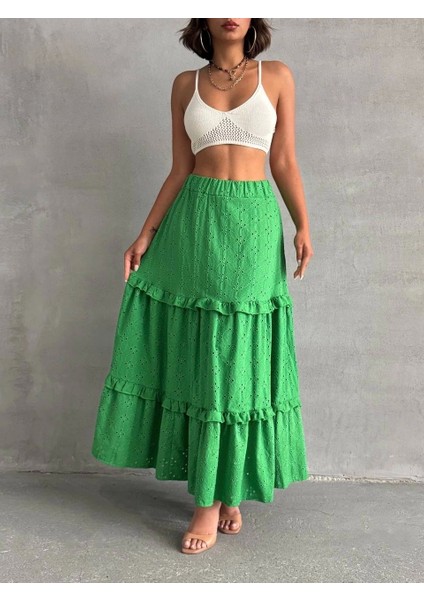 Fırfırlı Brodeli Astarlı Uzun Etek Yeşil S255047