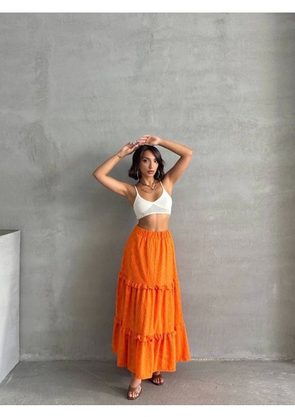 Fırfırlı Brodeli Astarlı Uzun Etek Turuncu S255047