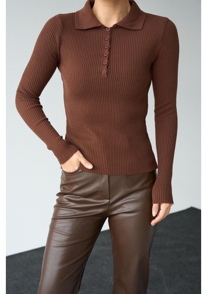 Polo Yaka 6 Düğmeli Kazak - Kahve