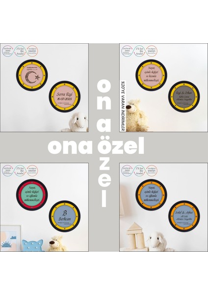 Bebek Odasına Ailenin Isimleri Yazılı Besmele & Ayyıldızlı ve Kelime-I Tevhid Motifli Duvar Dekoru modelleri