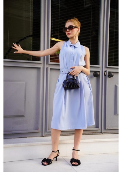 Gömlek Yaka Kemerli Elbise Mavi S255061