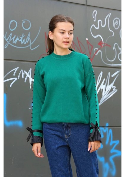 Boncuklu Bile Detaylı Kazak Petrol Yeşili