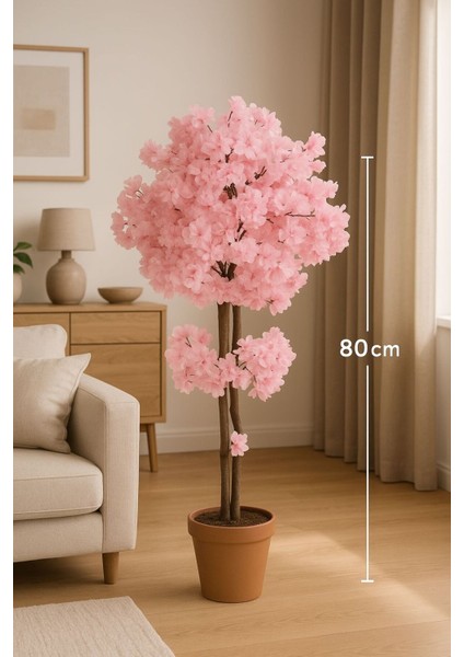 Yapay Ağaç Pembe Bahar Dalı 80 cm Saksı ve Dolomit Taşı Dahil KAYRAFLOW20, One Size