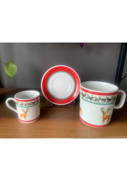 Yeni Yıl-Noel Baba Geyik Model 6 Parça 2 Kişilik Kupa ve Türk Kahvesi Fincanı Takımı