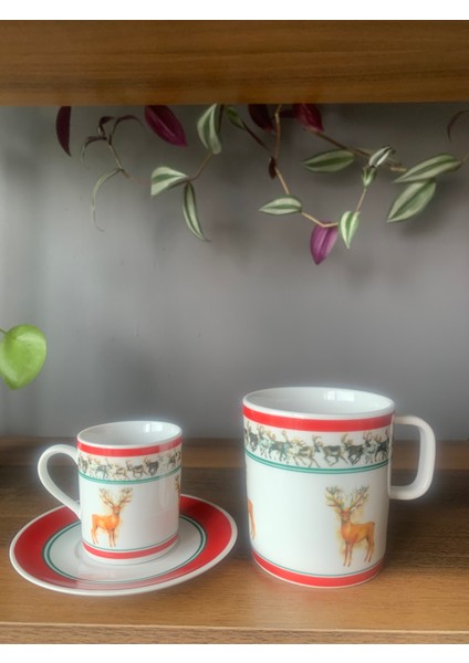 Yeni Yıl-Noel Baba Geyik Model 6 Parça 2 Kişilik Kupa ve Türk Kahvesi Fincanı Takımı fiyatları