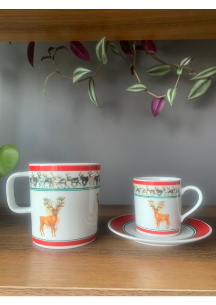 Yeni Yıl-Noel Baba Geyik Model 6 Parça 2 Kişilik Kupa ve Türk Kahvesi Fincanı Takımı modelleri