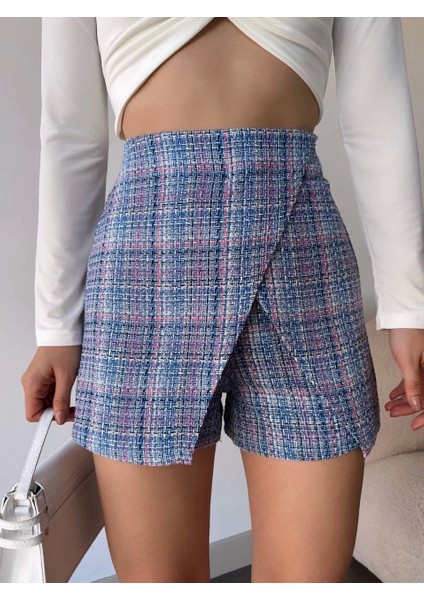 Kapaklı Tüvit Şort Etek Mavi