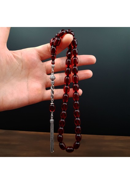 Gümüş Püskül Çay Rengi Sıkma Kehribar Tesbih