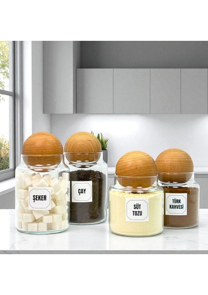 Ahşap Top Kapaklı Cam Çay Şeker Türk Kahvesi Süt Tozu Saklama Kavanozu Kahve Köşesi Etiket Hediyeli