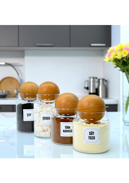 Ahşap Top Kapaklı Cam Çay Şeker Türk Kahvesi Süt Tozu Saklama Kavanozu Kahve Köşesi Etiket Hediyeli modelleri