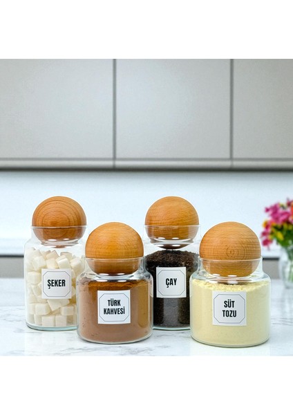 Ahşap Top Kapaklı Cam Çay Şeker Türk Kahvesi Süt Tozu Saklama Kavanozu Kahve Köşesi Etiket Hediyeli fırsatları