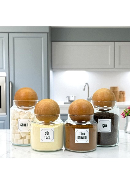 Ahşap Top Kapaklı Cam Çay Şeker Türk Kahvesi Süt Tozu Saklama Kavanozu Kahve Köşesi Etiket Hediyeli indirimleri