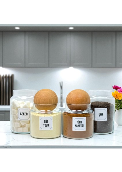 Ahşap Top Kapaklı Cam Çay Şeker Türk Kahvesi Süt Tozu Saklama Kavanozu Kahve Köşesi Etiket Hediyeli