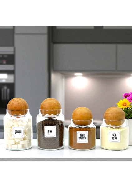 Ahşap Top Kapaklı Cam Çay Şeker Türk Kahvesi Süt Tozu Saklama Kavanozu Kahve Köşesi Etiket Hediyeli