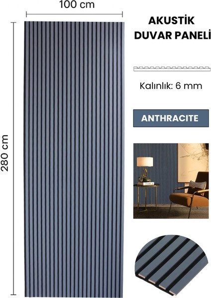 Akustik Duvar Paneli Antrasit 100 x 280 cm fiyatları