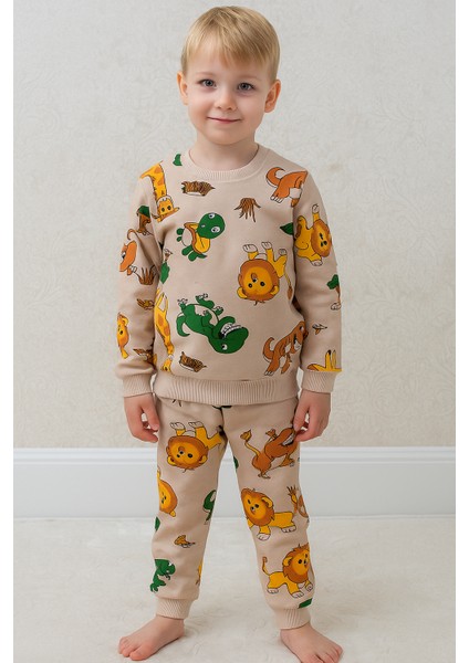 Erkek Çocuk Pamuklu İki İplik Şardonlu Bej Renk Safari Desenli Pijama Takımı