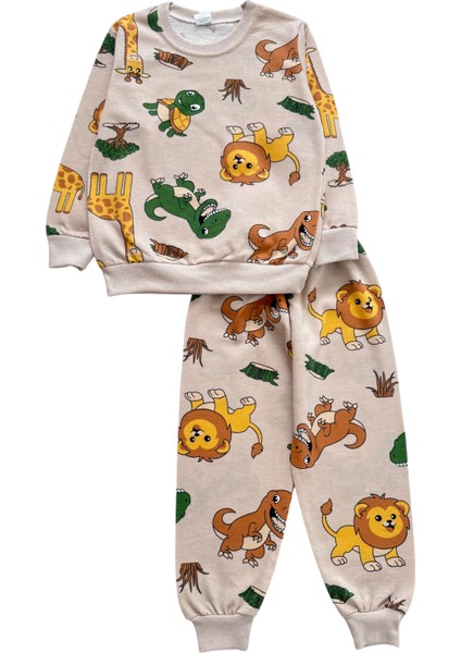 Erkek Çocuk Pamuklu İki İplik Şardonlu Bej Renk Safari Desenli Pijama Takımı fiyatları