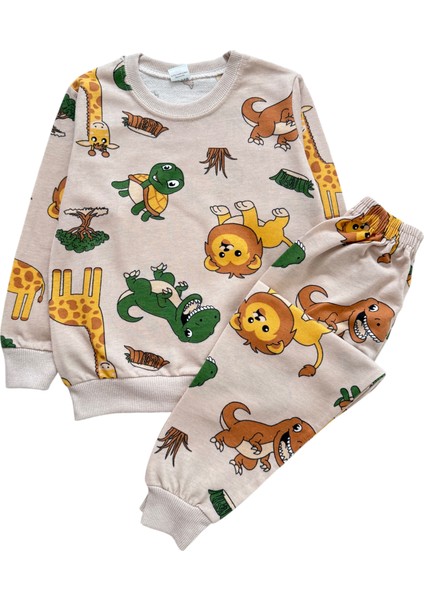 Erkek Çocuk Pamuklu İki İplik Şardonlu Bej Renk Safari Desenli Pijama Takımı modelleri