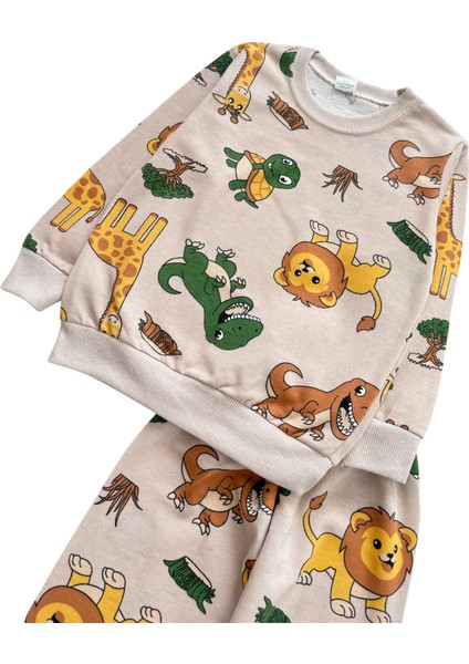 Erkek Çocuk Pamuklu İki İplik Şardonlu Bej Renk Safari Desenli Pijama Takımı fırsatları