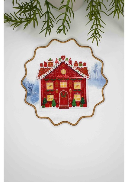 Şeker Yılbaşı Evi Tasarımlı Nakış Kenar Kumaş Kokteyl Peçetesi 1 Adet