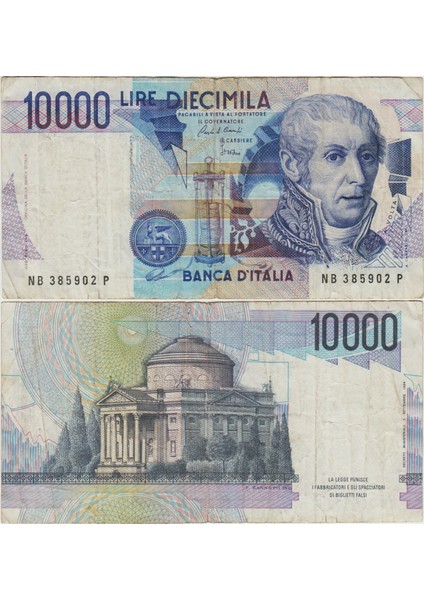 Italya 10.000 Liret 1984 Alessandro Volta Temalı. Üst Kenarda Yarım cm Yırtık Çok Temiz Kondisyon.
