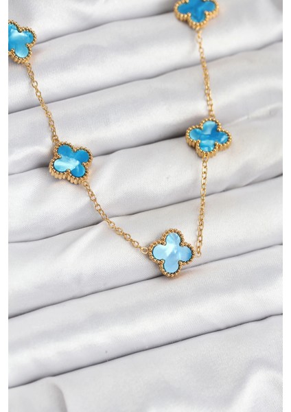 316L Çelik Zincir Gold Buz Mavisi Renk Yonca Kolye - TJ-BKO10566