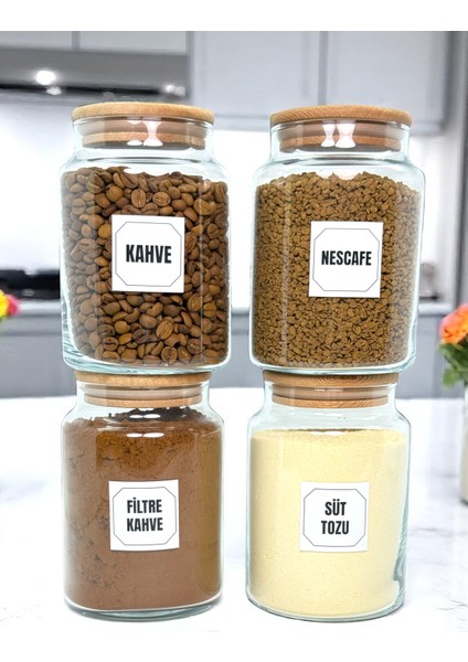 4'lü Ahşap Vakum Kapaklı Cam Filtre Kahve Süt Tozu Kahve Türk Kahvesi Saklama Kavanozu Seti 800 ml