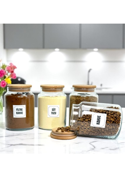 4'lü Ahşap Vakum Kapaklı Cam Filtre Kahve Süt Tozu Kahve Türk Kahvesi Saklama Kavanozu Seti 800 ml fiyatları