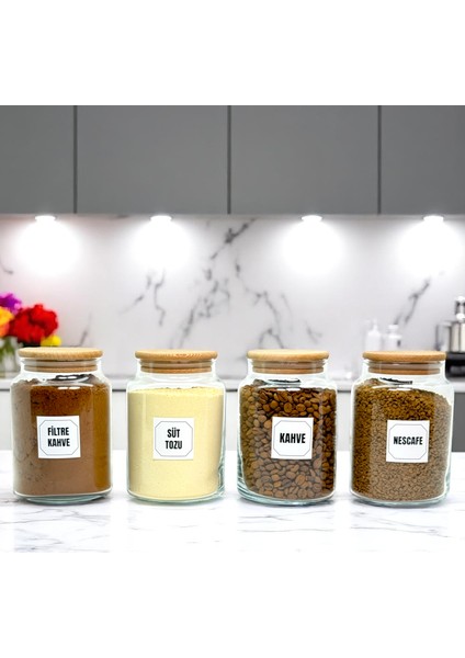 4'lü Ahşap Vakum Kapaklı Cam Filtre Kahve Süt Tozu Kahve Türk Kahvesi Saklama Kavanozu Seti 800 ml
