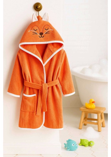 Kapşonlu Unisex %100 Pamuklu Çocuk Banyo Bornozu Fox