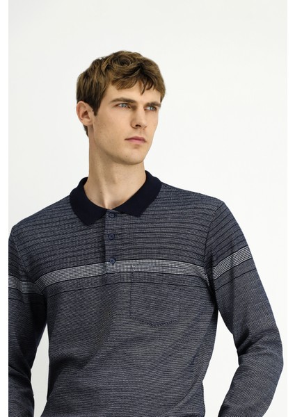 Polo Yaka Regular Fit Çizgili Sweatshirt