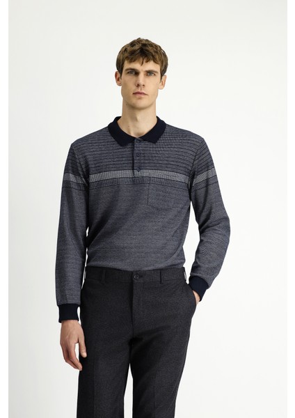 Polo Yaka Regular Fit Çizgili Sweatshirt